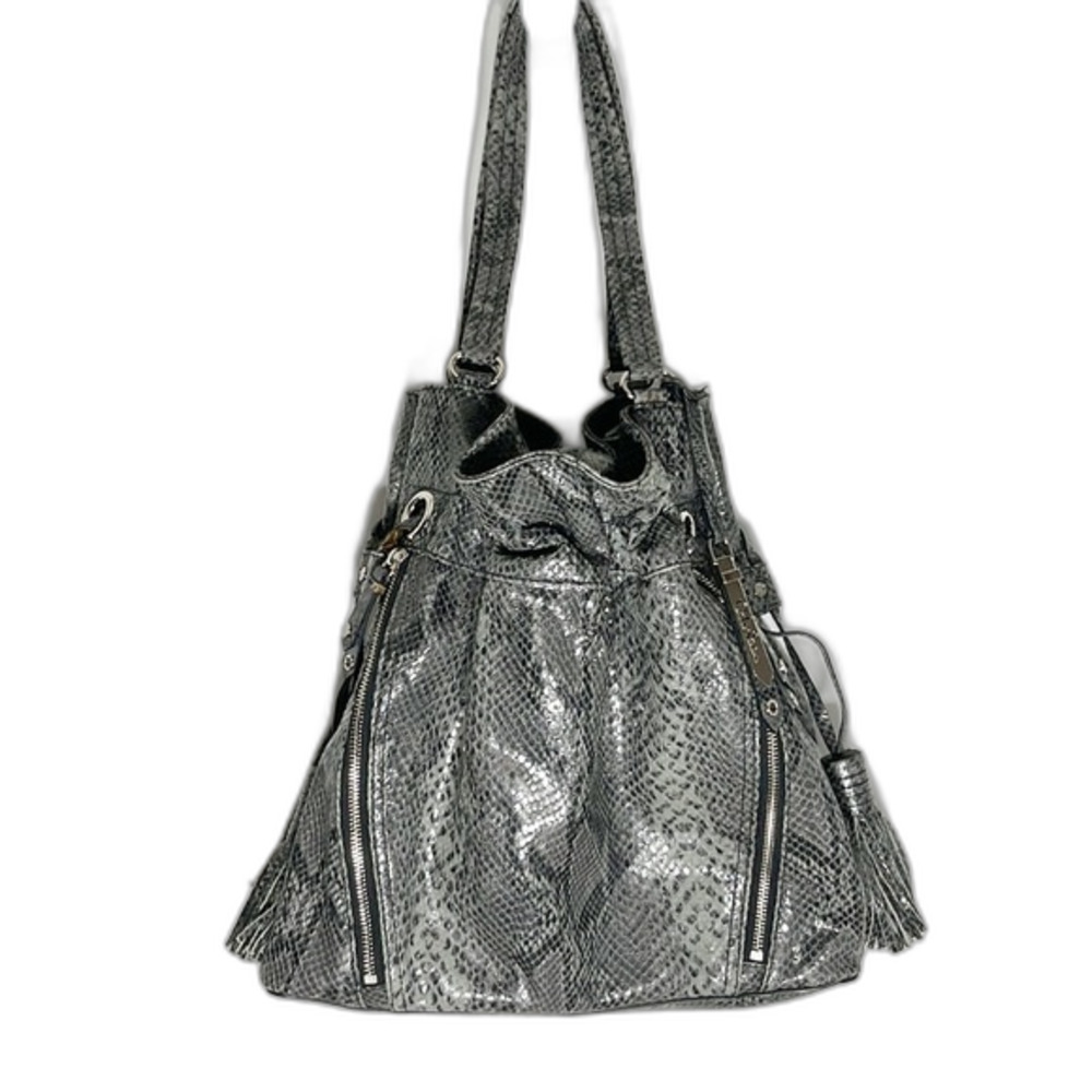 COLE HAAN  Tassel Tie Snakeskin Shoulder Handbag Gray